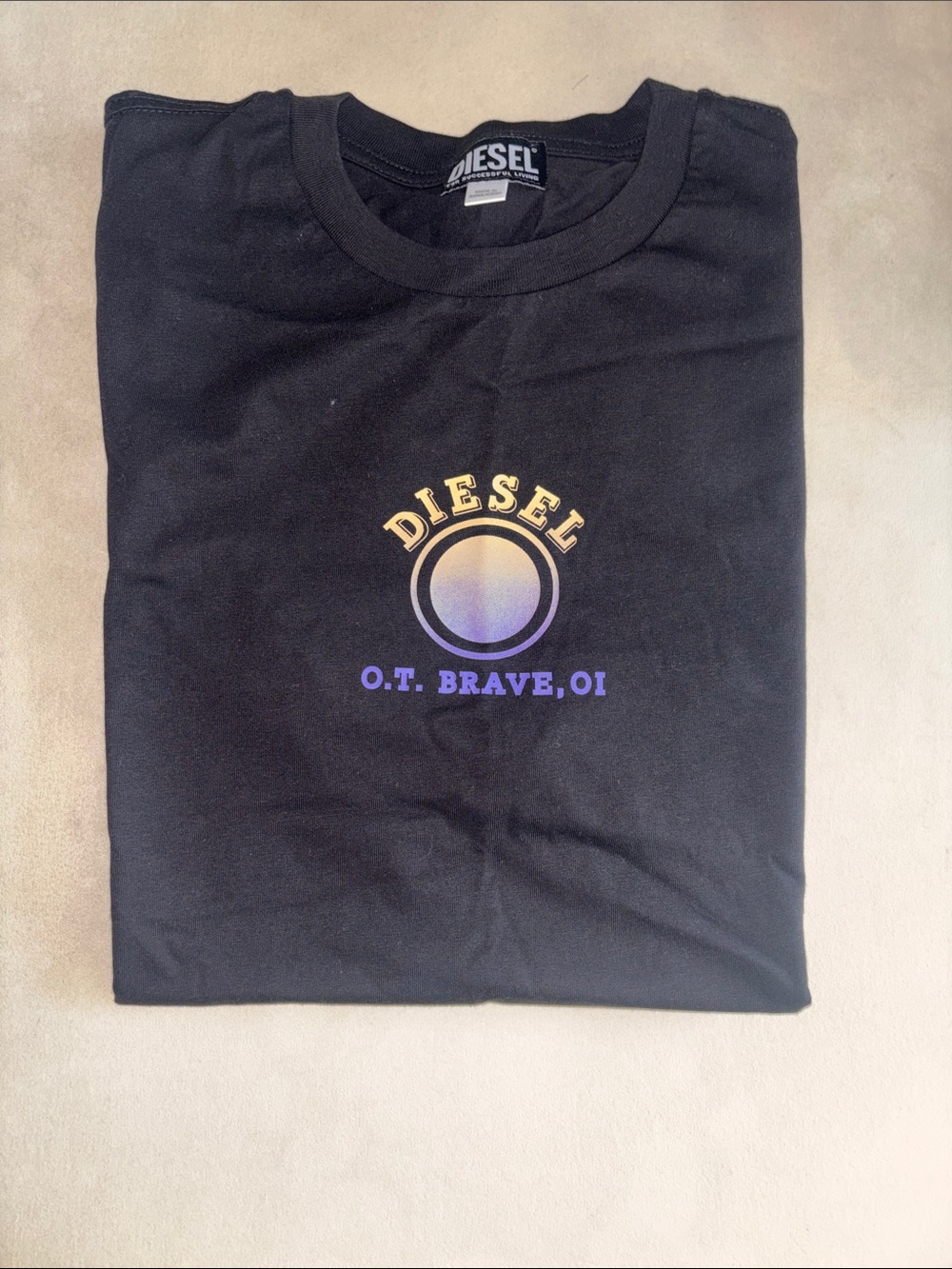 Diesel Black Short-Sleeve Tee with Gold and Purple Gradient Logo